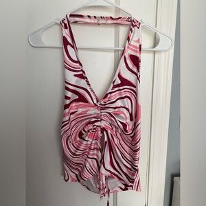 Drawstring Front Backless Halter top swirl pink white pattern from shein size L